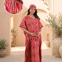 Beige Maroon Geometric Print Cotton Maternity Feeding-Friendly Kaftan Dress