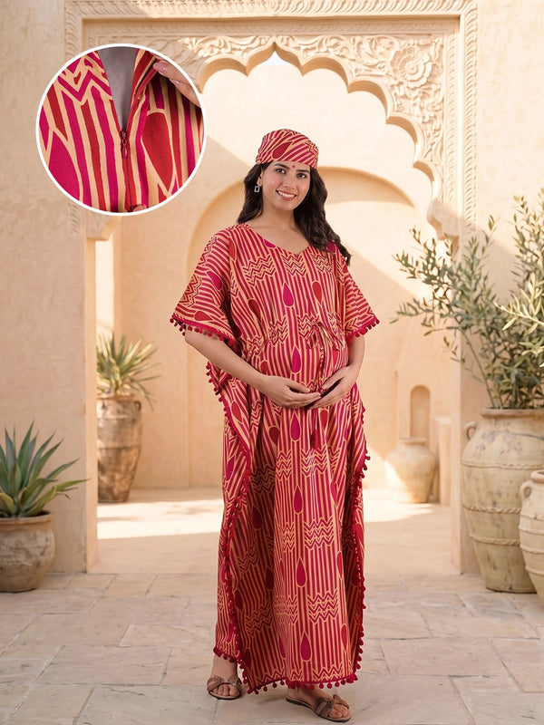 Beige Maroon Geometric Print Cotton Maternity Feeding-Friendly Kaftan Dress