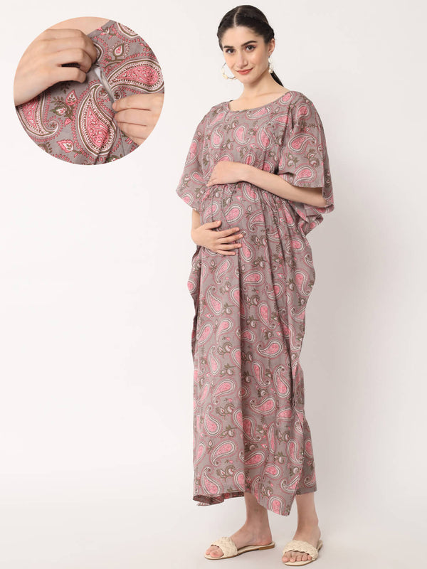 Taupe Pink Cotton Ethnic Print Maternity & Feeding Kaftan Dress with Concealed Zipper