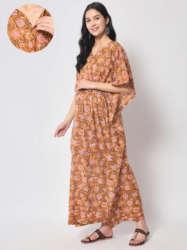 Rust Multi Cotton Floral Print Maternity & Feeding Kaftan Dress with Concealed Zipper