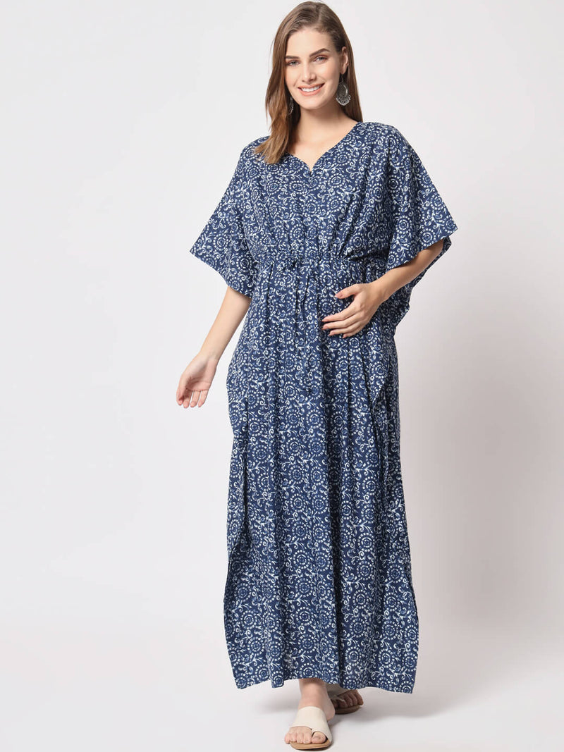 Indigo Cotton Floral Printed Maternity & Feeding Kaftan Dress with Concealed Zipper