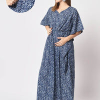 Indigo Cotton Floral Printed Maternity & Feeding Kaftan Dress with Concealed Zipper