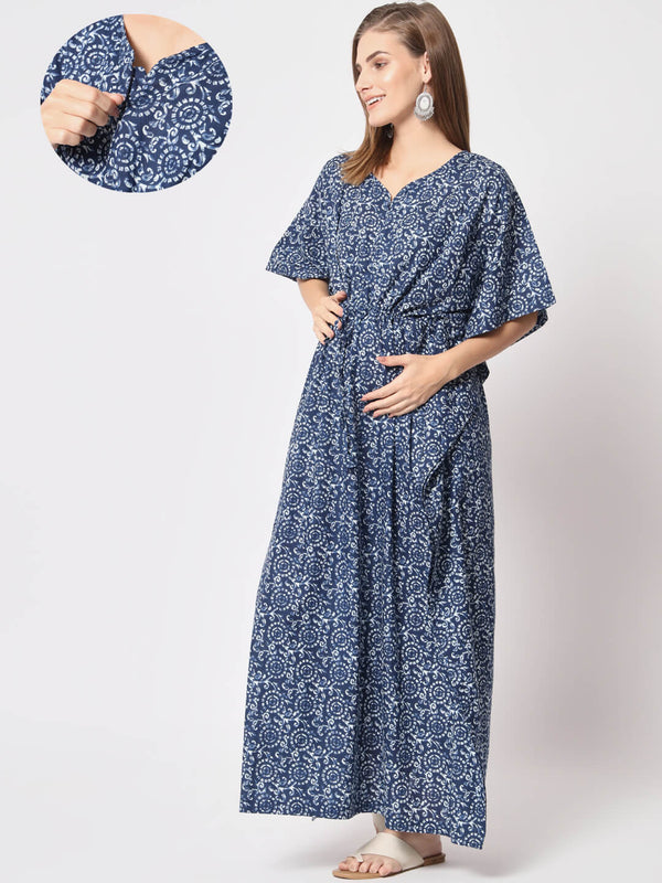 Indigo Cotton Floral Printed Maternity & Feeding Kaftan Dress with Concealed Zipper