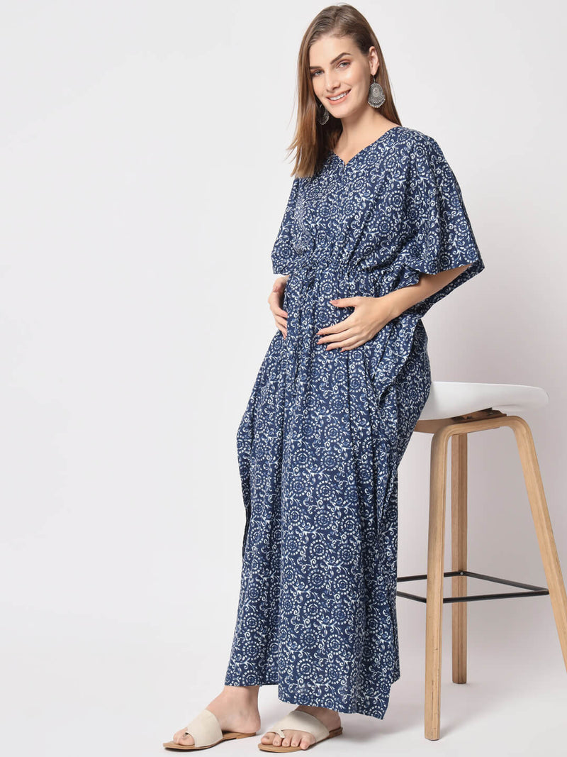 Indigo Cotton Floral Printed Maternity & Feeding Kaftan Dress with Concealed Zipper