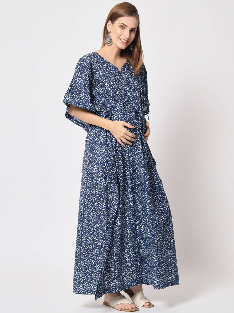 Indigo Cotton Floral Printed Maternity & Feeding Kaftan Dress with Concealed Zipper