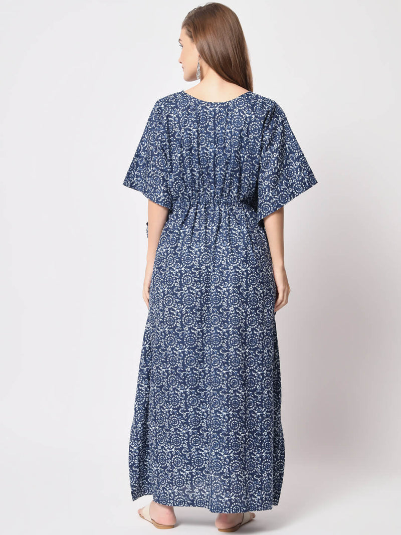 Indigo Cotton Floral Printed Maternity & Feeding Kaftan Dress with Concealed Zipper