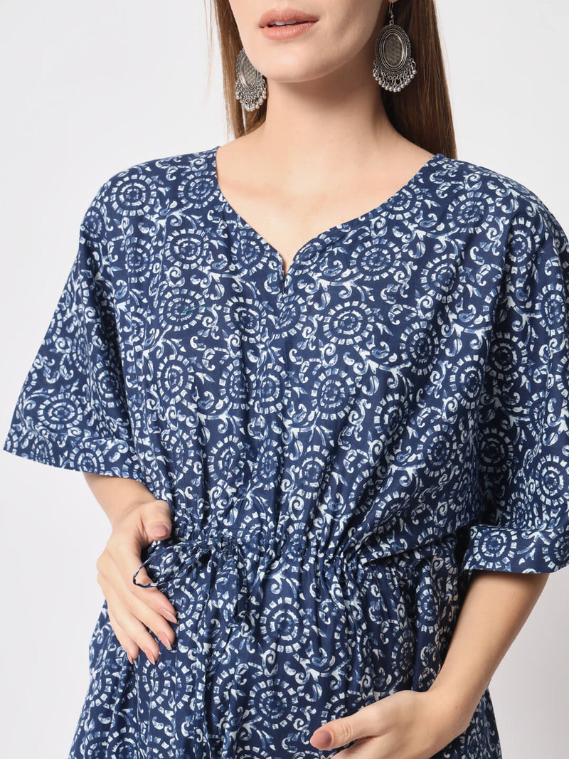 Indigo Cotton Floral Printed Maternity & Feeding Kaftan Dress with Concealed Zipper