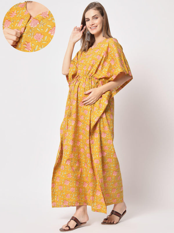 Mustard Multi Cotton Floral Print Maternity & Feeding Kaftan Dress with Concealed Zipper