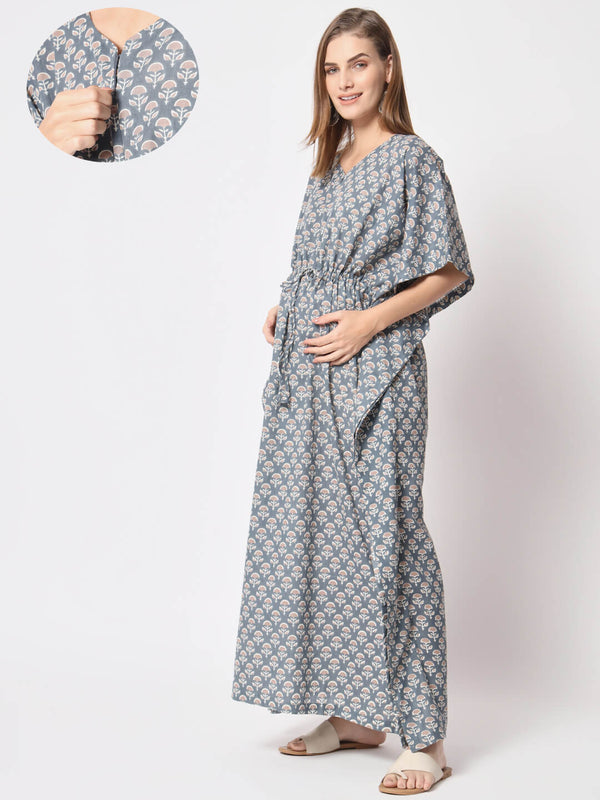 Light Grey Cotton Ethnic Print Maternity & Feeding Kaftan Dress with Concealed Zipper