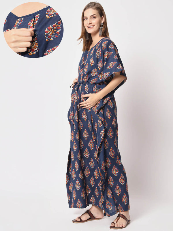 Navy Blue Multi Ethnic Print Maternity & Feeding Kaftan Dress with Concealed Zipper